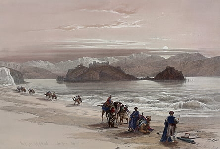 people with camel walking near ocean painting thumbnail