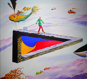 man holding bar walking on triangular-shape platform painting thumbnail