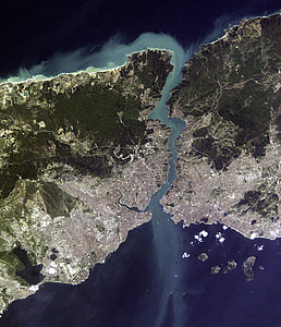 Satellite view of Istanbul and the Bosphorus strait in Turkey thumbnail
