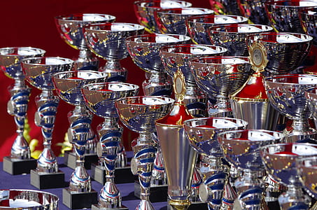 silver-colored trophies on blue surface thumbnail