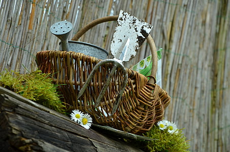 gray steel watering can in brown wicker basket thumbnail