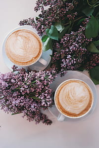 coffee, flowers, purple, table thumbnail