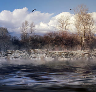 landscape photography of body of water near rocks and trees thumbnail