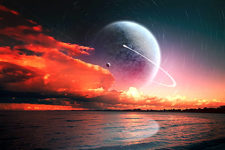beach shore during golden hour with visible planet on sky thumbnail