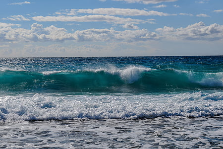 green and blue water beach with waves under white clouds blue skies thumbnail