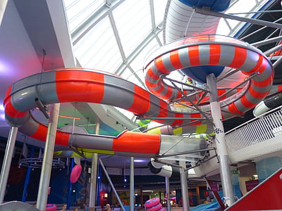 gray and red striped tunnel pool slide thumbnail