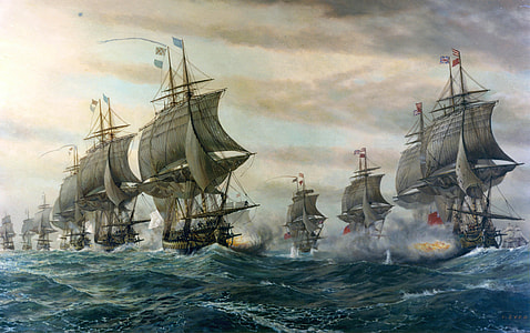 Naval Battle between French and British at Chesapeake Bay. American Revolution thumbnail