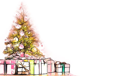 gift boxes under yellow Christmas tree illustration thumbnail