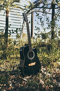 black acoustic guitar on grass area thumbnail