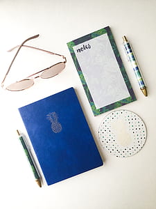 sunglasses, blue, notes, pens thumbnail