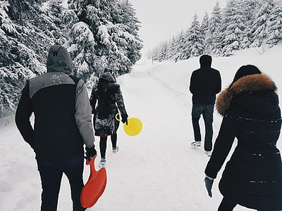 Four People Crossing the Road during Winter Season thumbnail