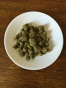 green cannabis buds in white ceramic plate thumbnail