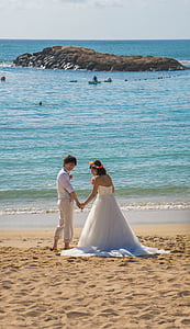 wedding couple standing on beach thumbnail