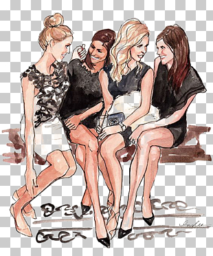Friendship Drawing Fashion illustration Best friends forever Illustration, Fashion Girl, four woman sitting on bench PNG clipart