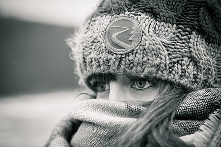 grayscale photo of a person wearing knitted cap thumbnail
