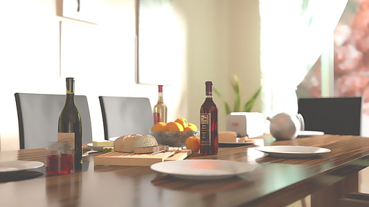 bottles and plates on dining table thumbnail