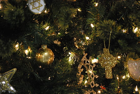turned-on string lights on Christmas tree thumbnail