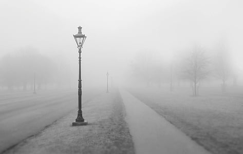 grayscale photo of lamp post covered in mist thumbnail