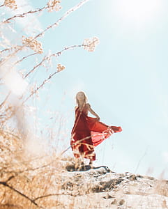 woman wearing red sari dress during daytime thumbnail