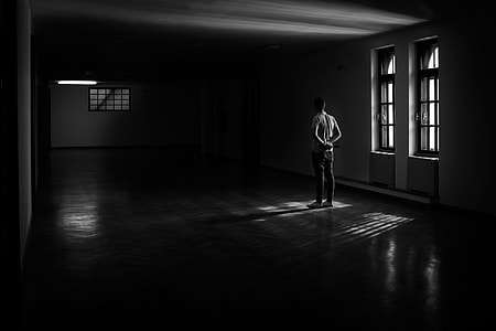 grayscale photo of man facing backward thumbnail