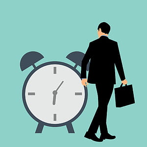 Illustration of businessman with briefcase walking past alarm clock. thumbnail