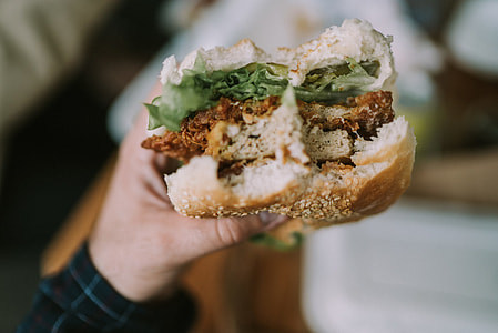 person holding burger with vegetables thumbnail