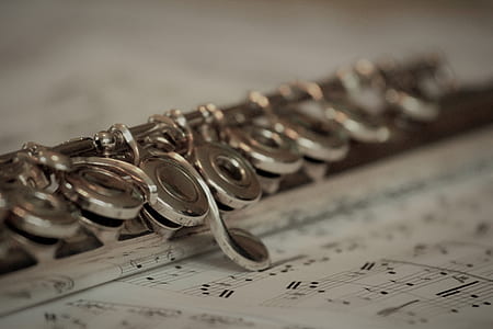 silver-colored flute on musical sheet thumbnail