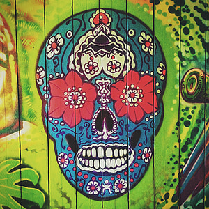 blue, red, and white Calavera skull painting thumbnail