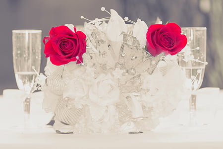 focus photo of white and red rose bouquet between two clear long-stem drinking glasses thumbnail