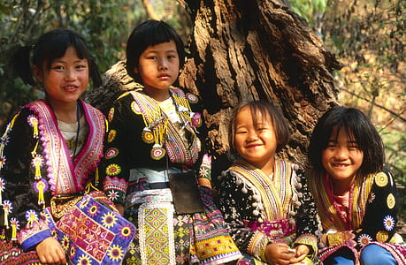 four girls sitting near brown tree thumbnail