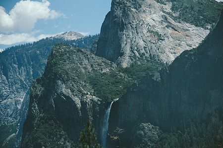 mountain with falls under blue sky thumbnail