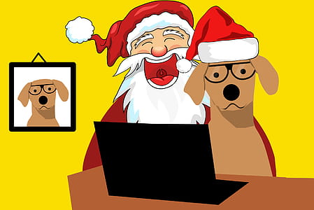Illustration of Santa Clause and a dog dressed for Christmas holidays. thumbnail