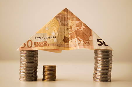silver-colored coin tower with 50 euro banknote on top of coins thumbnail