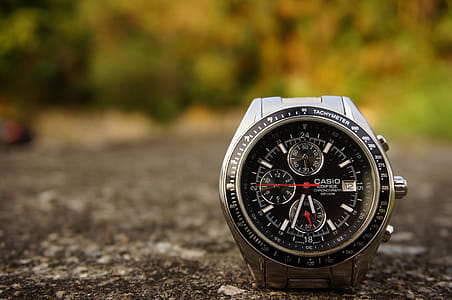 Shallow Focus Photography of Silver-colored Casio Chronograph Watch thumbnail