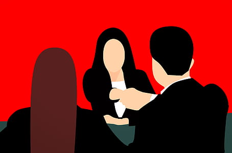 Illustration of man and a two women in a meeting or job interview setting. Shaking hands to wrap things up or get things going. thumbnail