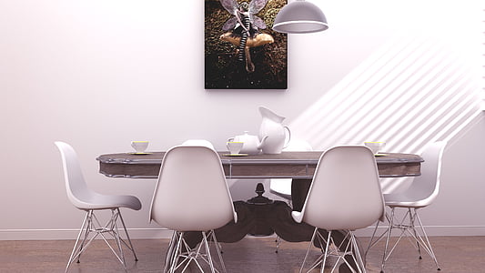 brown dining table on floor near white chairs thumbnail