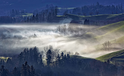 hill covered with fog taken at daytime thumbnail