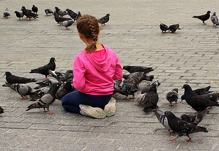 girl in hooded jacket surrounded by pigeons thumbnail