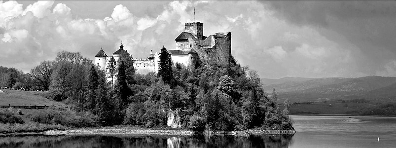 grayscale of house near body of water thumbnail