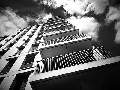 black-and-white, sky, building, glass thumbnail