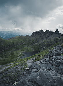 aerial view on green and sky mountain under gray sky during daytime thumbnail