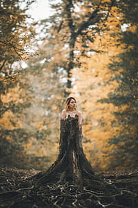 selective focus photo of woman inside of tree trunk thumbnail