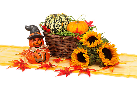 three sunflowers beside basket with squash thumbnail