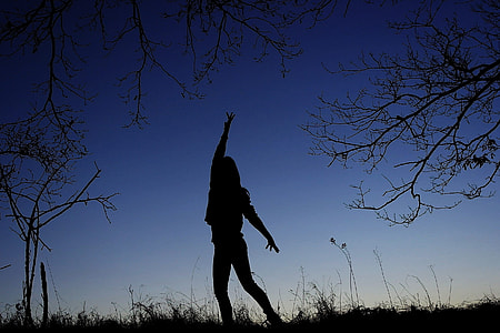 silhouette woman standing on grass raising her right arm at dawn thumbnail