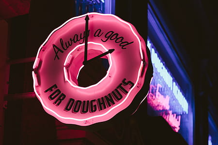 lighted pink and white always a good for doughnuts LED sign thumbnail