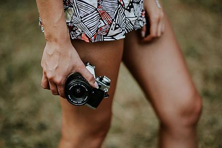 Woman in a dress with a camera thumbnail
