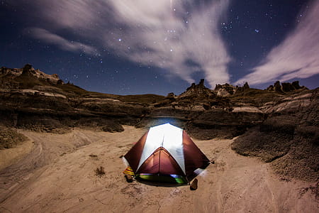 Brown and White Dome Tent at Nighttime thumbnail