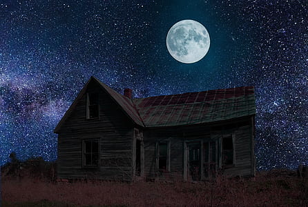 brown wooden house at nighttime thumbnail