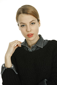 photo of woman wearing black sweater and denim collard top thumbnail