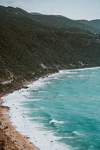 green forest covered mountain near the ocean with people taking a swim thumbnail